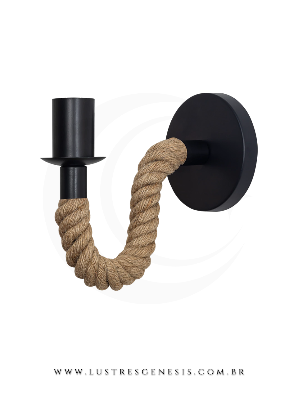 Arandela rústica Doca Preta com base circular preta e detalhe em corda de sisal, ideal para áreas gourmet, quartos, sala de estar, hall de entrada e corredor.